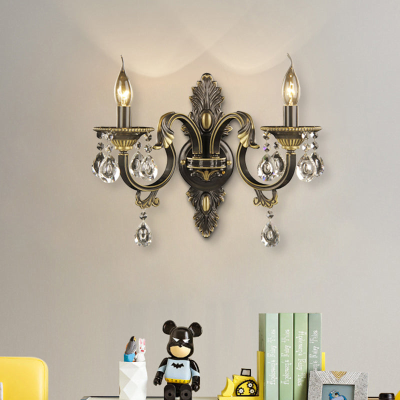 Faceted Crystal Finial Black and Gold Sconce Candlestick 2 Lights Nordic Wall Mount Light Fixture Black-Gold Clearhalo 'Modern wall lights' 'Modern' 'Wall Lamps & Sconces' 'Wall Lights' Lighting' 1031960