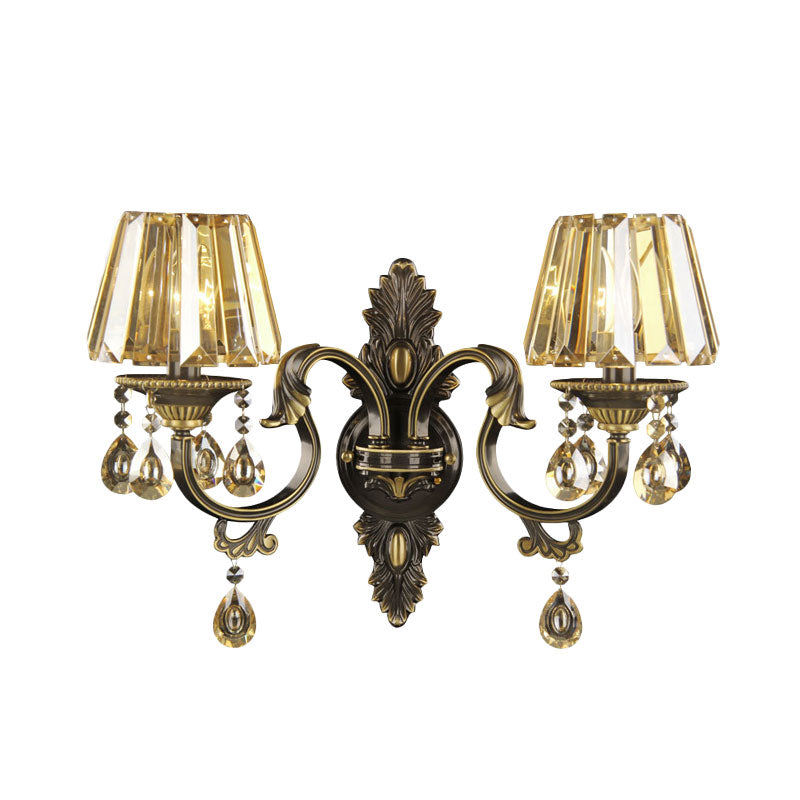 2 Bulbs Draping Crystal Teardrop Sconce Light Modern Amber Tapered Living Room Wall Mounted Lighting Clearhalo 'Cast Iron' 'Glass' 'Industrial' 'Modern wall lights' 'Modern' 'Tiffany' 'Traditional wall lights' 'Wall Lamps & Sconces' 'Wall Lights' Lighting' 1031966