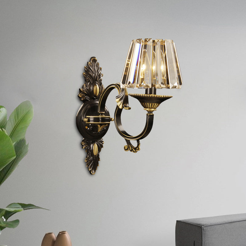Beveled Crystal Prism Black and Gold Sconce Conic 1 Light Contemporary Wall Mounted Light Clearhalo 'Cast Iron' 'Glass' 'Industrial' 'Modern wall lights' 'Modern' 'Tiffany' 'Traditional wall lights' 'Wall Lamps & Sconces' 'Wall Lights' Lighting' 1031969