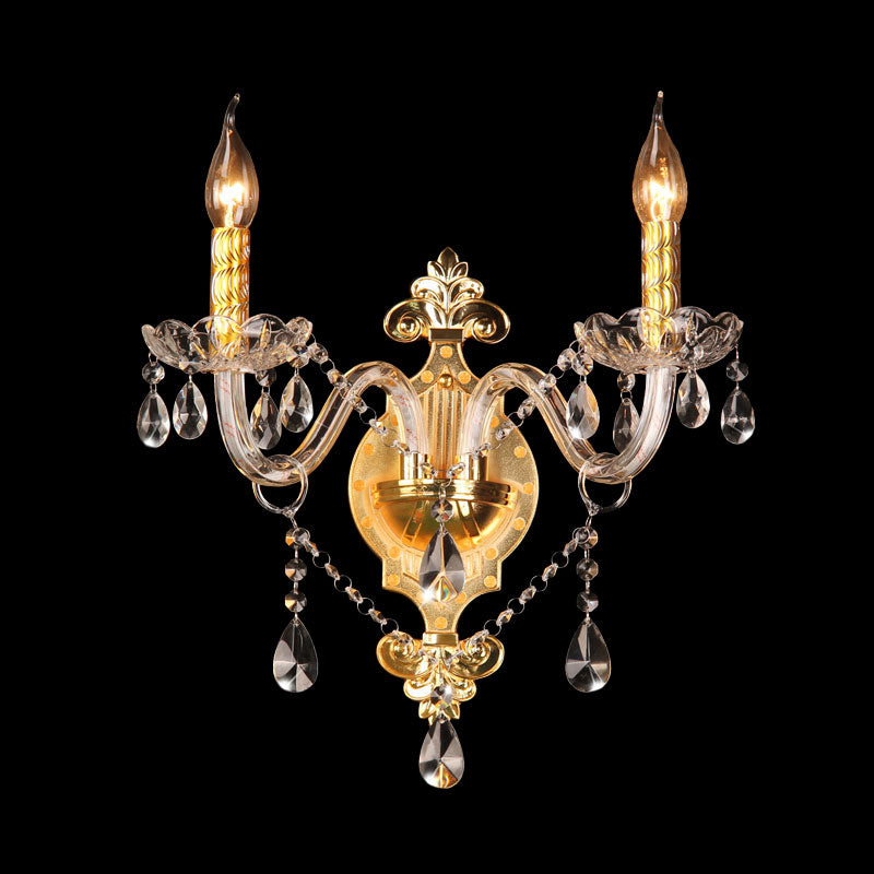 2-Light Wall Sconce Lighting Minimalist Candlestick Crystal Teardrop Wall Mounted Light Fixture in Gold Clearhalo 'Modern wall lights' 'Modern' 'Wall Lamps & Sconces' 'Wall Lights' Lighting' 1031982