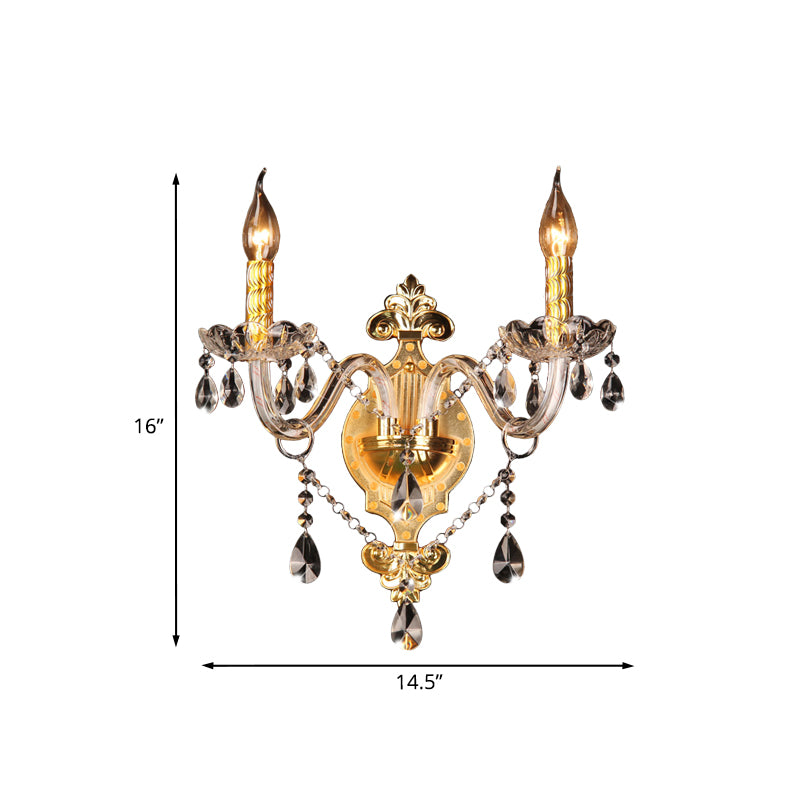 2-Light Wall Sconce Lighting Minimalist Candlestick Crystal Teardrop Wall Mounted Light Fixture in Gold Clearhalo 'Modern wall lights' 'Modern' 'Wall Lamps & Sconces' 'Wall Lights' Lighting' 1031983