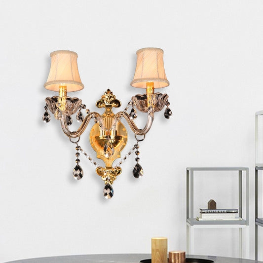 Bell Shade Bedroom Wall Mounted Light Simple Crystal Drip 2 Bulbs Gold Wall Sconce Lighting Gold Clearhalo 'Modern wall lights' 'Modern' 'Wall Lamps & Sconces' 'Wall Lights' Lighting' 1031984