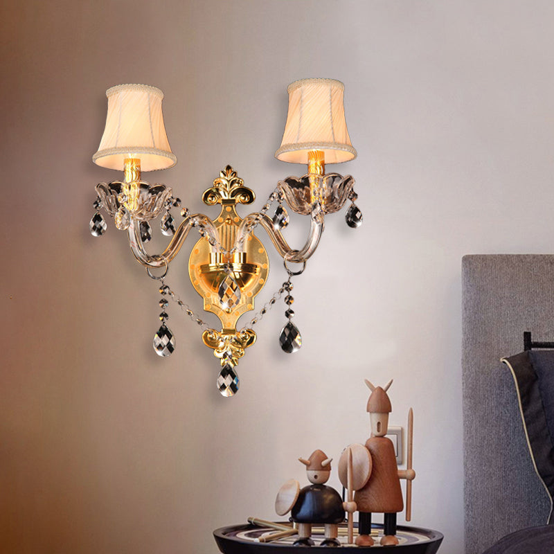 Bell Shade Bedroom Wall Mounted Light Simple Crystal Drip 2 Bulbs Gold Wall Sconce Lighting Clearhalo 'Modern wall lights' 'Modern' 'Wall Lamps & Sconces' 'Wall Lights' Lighting' 1031985