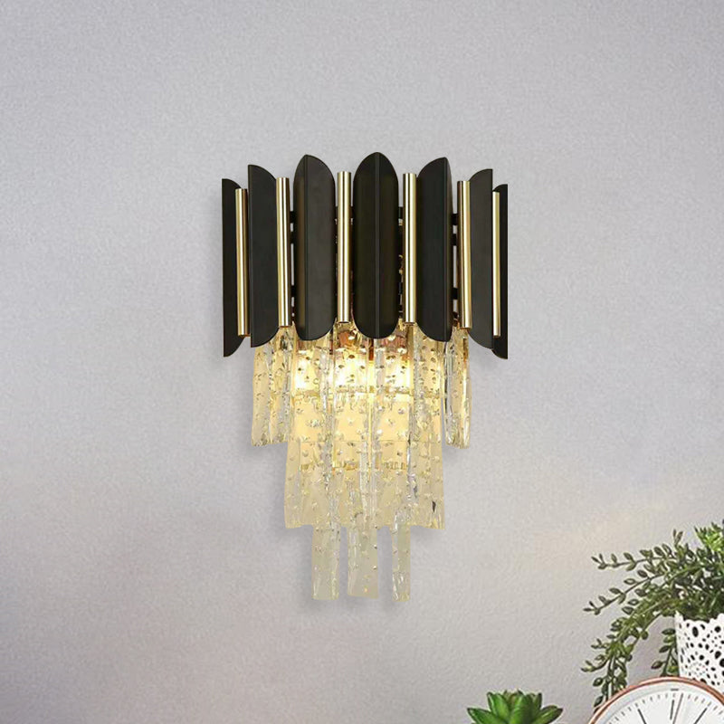 Tapered Bedside Sconce Light Fixture Modernism Crystal Block 1 Head Black Wall Mounted Lighting Clearhalo 'Cast Iron' 'Glass' 'Industrial' 'Modern wall lights' 'Modern' 'Tiffany' 'Traditional wall lights' 'Wall Lamps & Sconces' 'Wall Lights' Lighting' 1032001