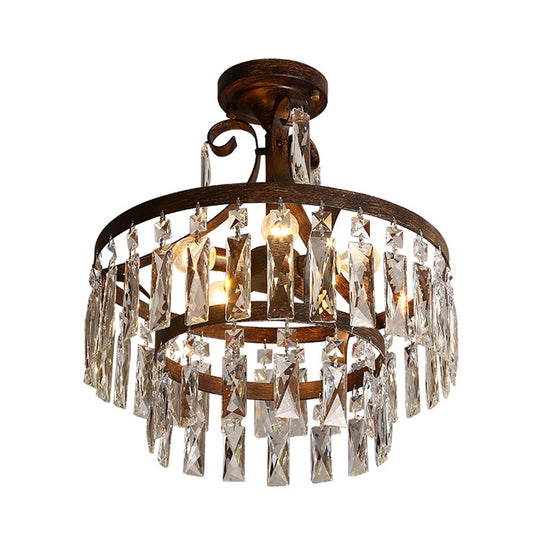 5 Heads Semi Flush Light Vintage Drum Crystal Flute Close to Ceiling Lighting Fixture in Black Clearhalo 'Ceiling Lights' 'Close To Ceiling Lights' 'Close to ceiling' 'Semi-flushmount' Lighting' 1032018