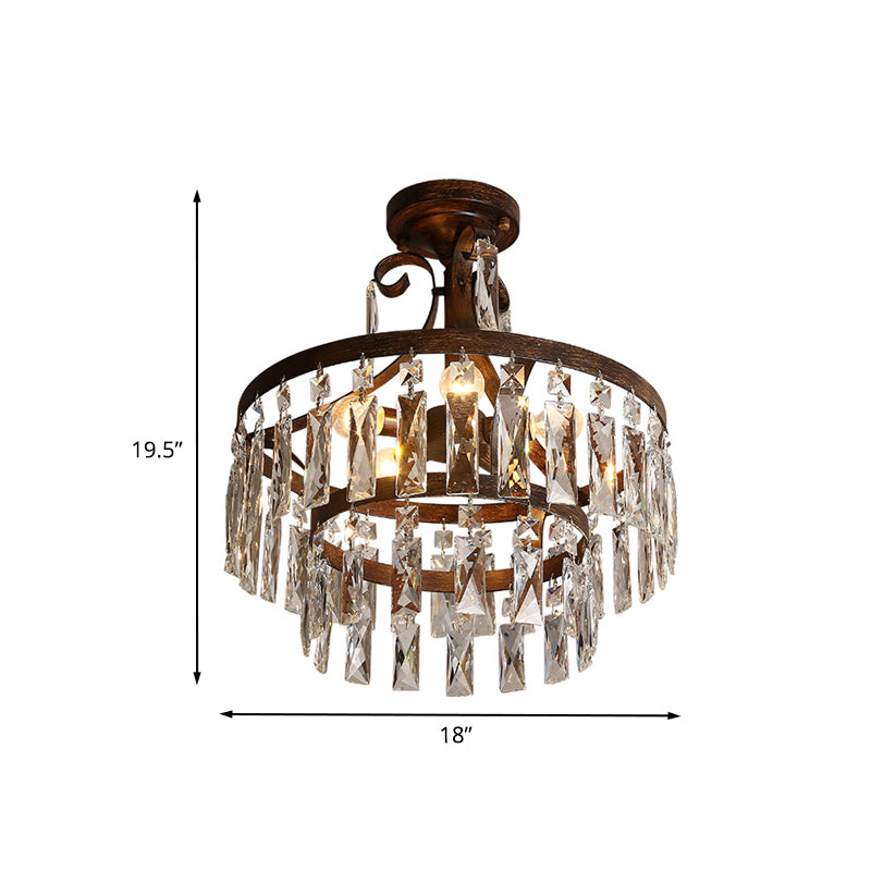 5 Heads Semi Flush Light Vintage Drum Crystal Flute Close to Ceiling Lighting Fixture in Black Clearhalo 'Ceiling Lights' 'Close To Ceiling Lights' 'Close to ceiling' 'Semi-flushmount' Lighting' 1032019