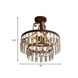 5 Heads Semi Flush Light Vintage Drum Crystal Flute Close to Ceiling Lighting Fixture in Black Clearhalo 'Ceiling Lights' 'Close To Ceiling Lights' 'Close to ceiling' 'Semi-flushmount' Lighting' 1032019