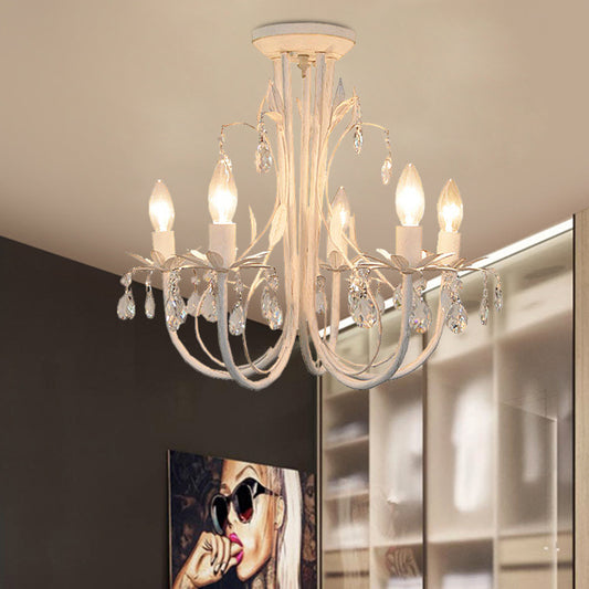 Candlestick Dining Room Semi Flush Light Contemporary Crystal Raindrop 5 Lights White Close to Ceiling Light Clearhalo 'Ceiling Lights' 'Close To Ceiling Lights' 'Close to ceiling' 'Semi-flushmount' Lighting' 1032021