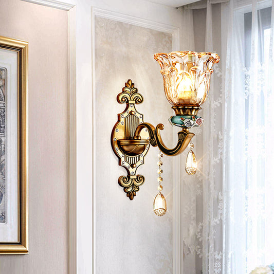 1-Head Sconce Light Fixture Simple Floral Design Crystal Prism Wall Lighting Idea in Brass Brass Clearhalo 'Modern wall lights' 'Modern' 'Wall Lamps & Sconces' 'Wall Lights' Lighting' 1032056