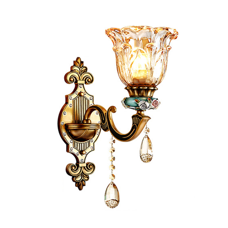 1-Head Sconce Light Fixture Simple Floral Design Crystal Prism Wall Lighting Idea in Brass Clearhalo 'Modern wall lights' 'Modern' 'Wall Lamps & Sconces' 'Wall Lights' Lighting' 1032058