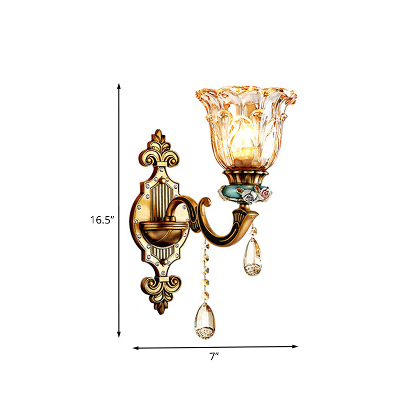 1-Head Sconce Light Fixture Simple Floral Design Crystal Prism Wall Lighting Idea in Brass Clearhalo 'Modern wall lights' 'Modern' 'Wall Lamps & Sconces' 'Wall Lights' Lighting' 1032059