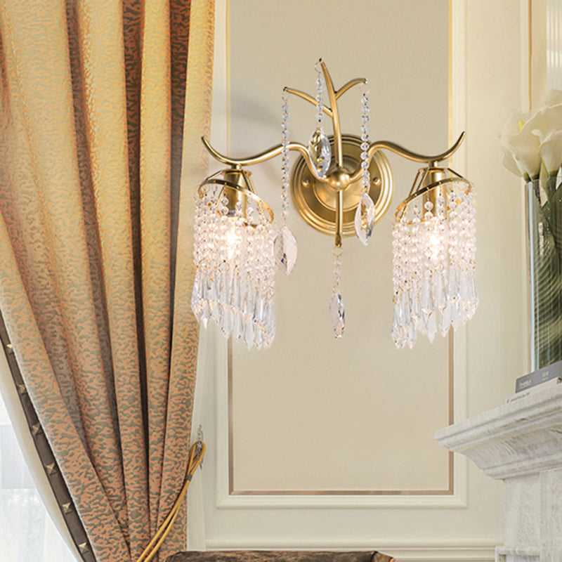 2 Heads Windbell Wall Lighting Minimalist Gold Draping Crystal Teardrop Wall Sconce Light Clearhalo 'Modern wall lights' 'Modern' 'Wall Lamps & Sconces' 'Wall Lights' Lighting' 1032090
