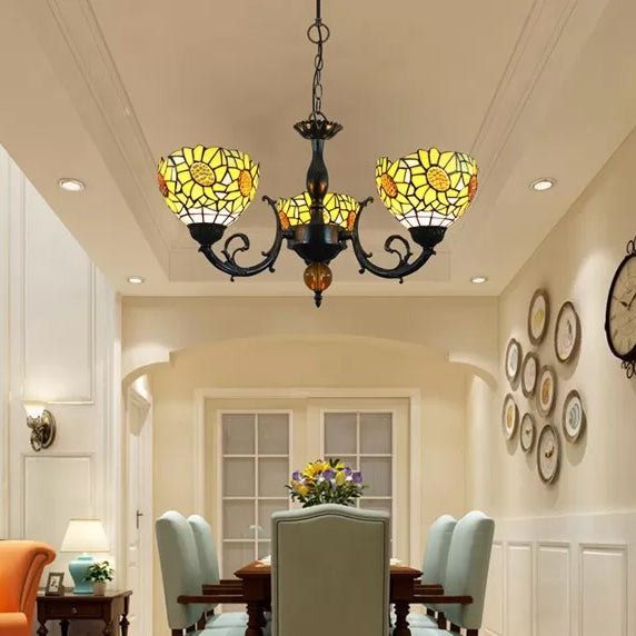 Chandeliers for Dining Room Multicolor, 6-Lights Art Glass Pendant Ceiling Lamp with Adjustable Chain Tiffany Style Clearhalo 'Ceiling Lights' 'Chandeliers' 'Industrial' 'Middle Century Chandeliers' 'Tiffany Chandeliers' 'Tiffany close to ceiling' 'Tiffany' Lighting' 10321