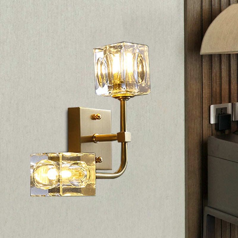 Cubic Living Room Wall Mount Lamp Modernism Faceted Crystal 2-Bulb Gold Wall Sconce Lighting Gold Clearhalo 'Modern wall lights' 'Modern' 'Wall Lamps & Sconces' 'Wall Lights' Lighting' 1032102