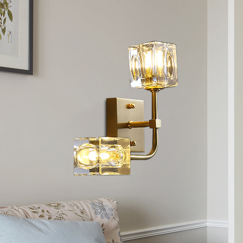 Cubic Living Room Wall Mount Lamp Modernism Faceted Crystal 2-Bulb Gold Wall Sconce Lighting Clearhalo 'Modern wall lights' 'Modern' 'Wall Lamps & Sconces' 'Wall Lights' Lighting' 1032103