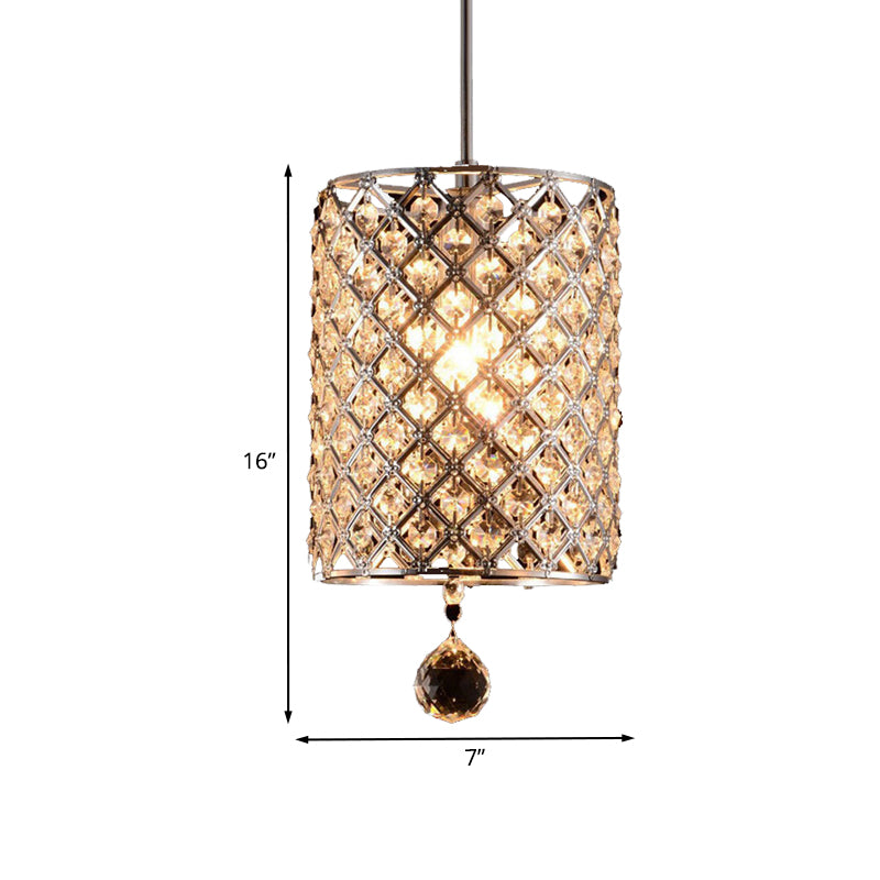 Faceted Crystal Finial Cylindrical Hanging Pendant Modern 1 Head Living Room Ceiling Lamp in Silver Clearhalo 'Ceiling Lights' 'Modern Pendants' 'Modern' 'Pendant Lights' 'Pendants' Lighting' 1032138