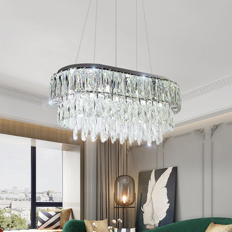 11 Bulbs Crystal Drip Island Pendant Light Contemporary Silver Oval Guest Room Hanging Light Kit Silver Clearhalo 'Ceiling Lights' 'Island Lights' Lighting' 1032167