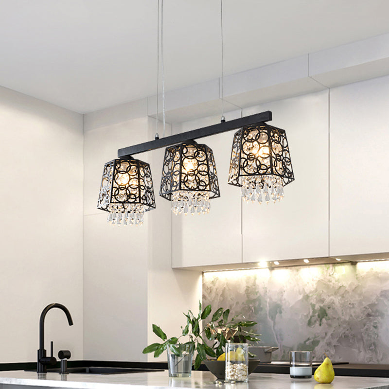 Black Ironic Shade Hanging Island Light Modern Crystal Droplet 3 Heads Kitchen Pendant Light Fixture Clearhalo 'Ceiling Lights' 'Island Lights' Lighting' 1032172