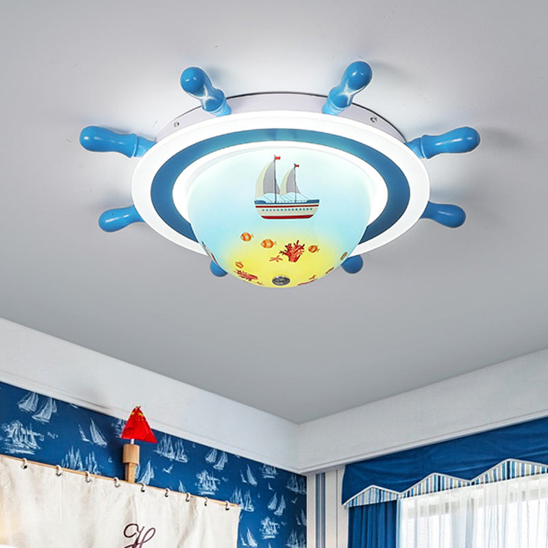 Nautical Rudder Flush Mount Pendant Fixture Acrylic LED Bedroom Ceiling Lighting with Sailboat Pattern in Blue and White - Blue-White - B - Clearhalo - 'Ceiling Lights' - 'Close To Ceiling Lights' - 'Close to ceiling' - 'Flush mount' - Lighting' - 1032266