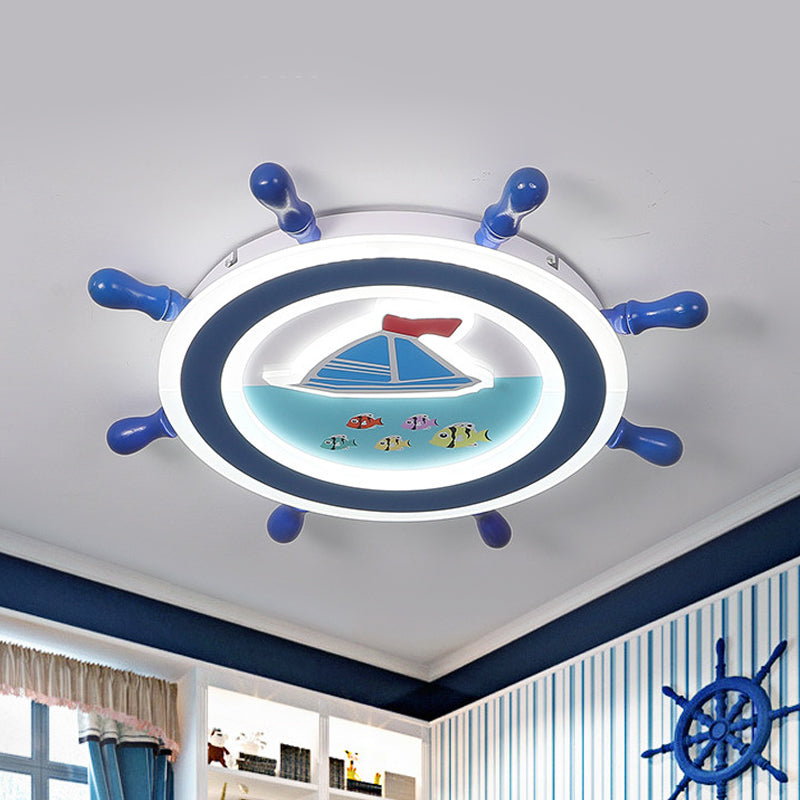 Nautical Rudder Flush Mount Pendant Fixture Acrylic LED Bedroom Ceiling Lighting with Sailboat Pattern in Blue and White - Blue-White - A - Clearhalo - 'Ceiling Lights' - 'Close To Ceiling Lights' - 'Close to ceiling' - 'Flush mount' - Lighting' - 1032270