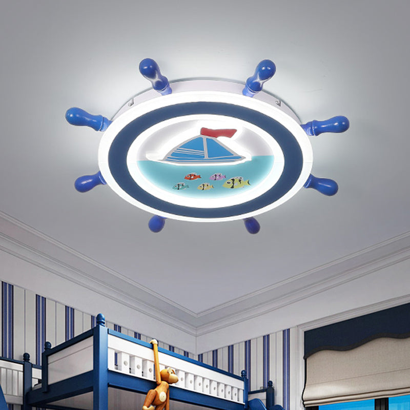 Nautical Rudder Flush Mount Pendant Fixture Acrylic LED Bedroom Ceiling Lighting with Sailboat Pattern in Blue and White - Clearhalo - 'Ceiling Lights' - 'Close To Ceiling Lights' - 'Close to ceiling' - 'Flush mount' - Lighting' - 1032271