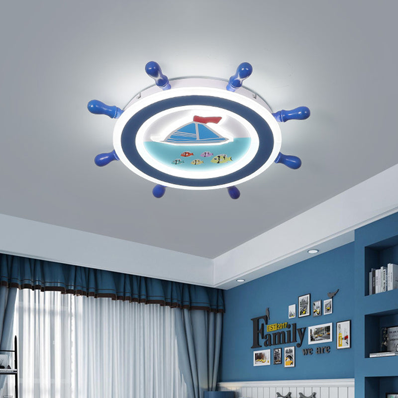 Nautical Rudder Flush Mount Pendant Fixture Acrylic LED Bedroom Ceiling Lighting with Sailboat Pattern in Blue and White - Clearhalo - 'Ceiling Lights' - 'Close To Ceiling Lights' - 'Close to ceiling' - 'Flush mount' - Lighting' - 1032272