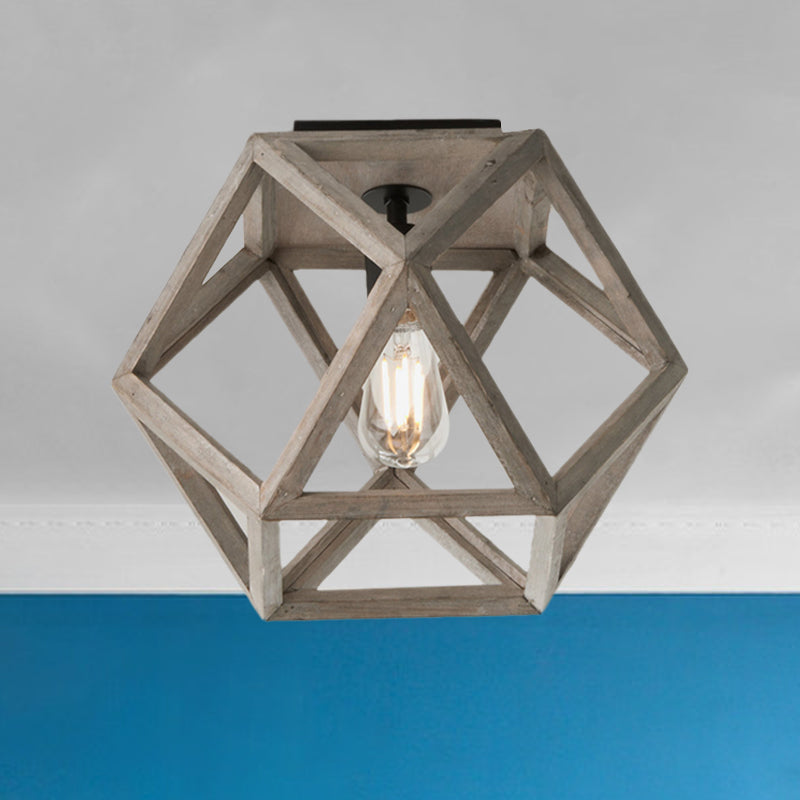 Beige Single Bulb Ceiling Lighting Minimalism Wood Candle-Like Flush Mount Fixture with Pentagon Cage - Wood - Clearhalo - 'Ceiling Lights' - 'Close To Ceiling Lights' - 'Close to ceiling' - 'Flush mount' - Lighting' - 1033797