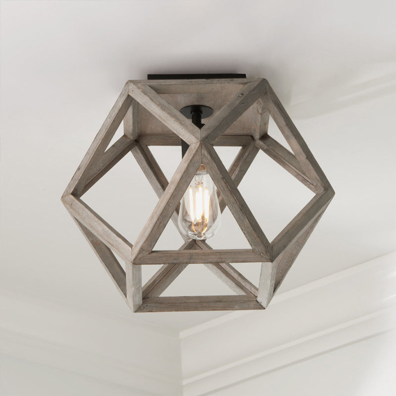 Beige Single Bulb Ceiling Lighting Minimalism Wood Candle-Like Flush Mount Fixture with Pentagon Cage - Clearhalo - 'Ceiling Lights' - 'Close To Ceiling Lights' - 'Close to ceiling' - 'Flush mount' - Lighting' - 1033798