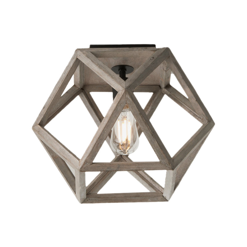 Beige Single Bulb Ceiling Lighting Minimalism Wood Candle-Like Flush Mount Fixture with Pentagon Cage - Clearhalo - 'Ceiling Lights' - 'Close To Ceiling Lights' - 'Close to ceiling' - 'Flush mount' - Lighting' - 1033799