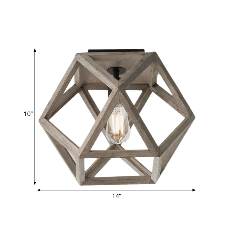 Beige Single Bulb Ceiling Lighting Minimalism Wood Candle-Like Flush Mount Fixture with Pentagon Cage - Clearhalo - 'Ceiling Lights' - 'Close To Ceiling Lights' - 'Close to ceiling' - 'Flush mount' - Lighting' - 1033800