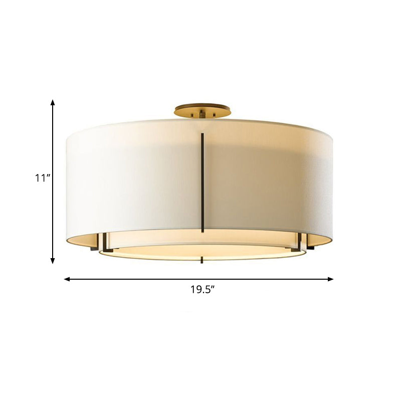 Dual Drum Fabric Close to Ceiling Lighting Traditional 3-Light Living Room Semi Mount Lamp in White Clearhalo 'Ceiling Lights' 'Close To Ceiling Lights' 'Close to ceiling' 'Semi-flushmount' Lighting' 1033816