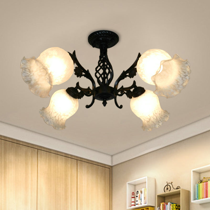 Vintage Blossom Semi-Flush Light 4 Bulbs Opal Glass Flush Chandelier in Black for Study Room Black Clearhalo 'Ceiling Lights' 'Close To Ceiling Lights' 'Close to ceiling' 'Semi-flushmount' Lighting' 1033817