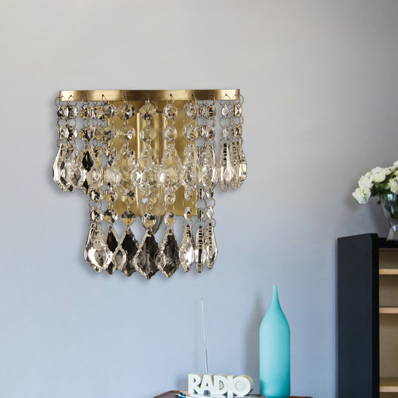 1 Bulb Crystal Drip Wall Mounted Light Countryside Brass Layered Bedroom Wall Lighting Idea Brass Clearhalo 'Wall Lamps & Sconces' 'Wall Lights' Lighting' 1033981