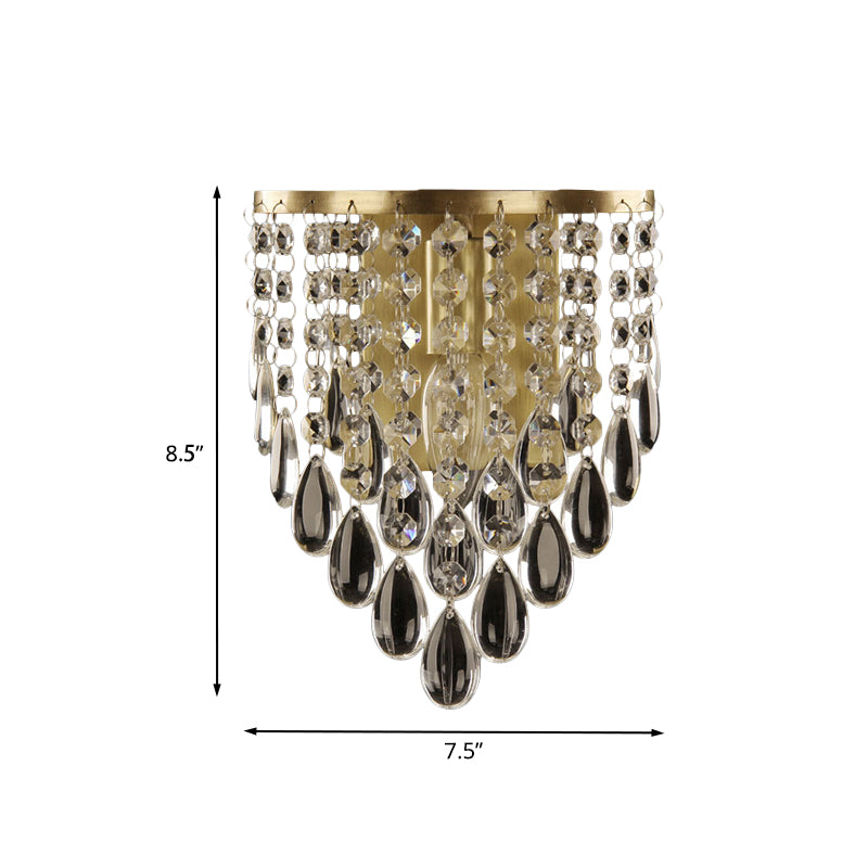 1-Bulb Crystal Raindrop Wall Lighting Idea Simple Brass Cone Living Room Sconce Light Fixture Clearhalo 'Modern wall lights' 'Modern' 'Wall Lamps & Sconces' 'Wall Lights' Lighting' 1034012