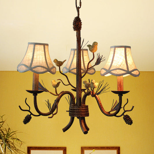 Flared Fabric Hanging Chandelier Rural 3-Light Dining Room Pendant with Bird and Pinecone Decoration in Brown Clearhalo 'Ceiling Lights' 'Chandeliers' Lighting' options 1034163