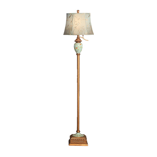 Blue 1 Head Standing Floor Light Rustic Fabric Vines Patterned Curved Shade Standing Lamp Blue Clearhalo 'Floor Lamps' 'Lamps' Lighting' 1034178