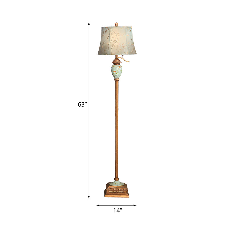 Blue 1 Head Standing Floor Light Rustic Fabric Vines Patterned Curved Shade Standing Lamp Clearhalo 'Floor Lamps' 'Lamps' Lighting' 1034179