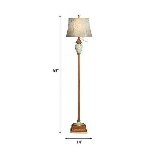 Blue 1 Head Standing Floor Light Rustic Fabric Vines Patterned Curved Shade Standing Lamp Clearhalo 'Floor Lamps' 'Lamps' Lighting' 1034179