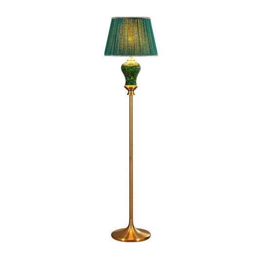 Plated Fabric Green Floor Lighting Tapered Drum 1 Bulb Country Style Stand Up Lamp with Ceramic Pot Decor Clearhalo 'Floor Lamps' 'Lamps' Lighting' 1034186