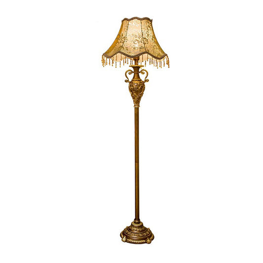 Rose Print Fabric Scalloped Floor Light Rustic 1 Bulb Living Room Floor Standing Lamp in Gold Clearhalo 'Floor Lamps' 'Lamps' Lighting' 1034190