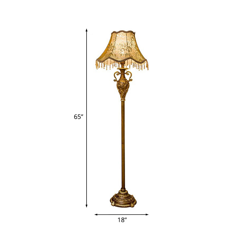 Rose Print Fabric Scalloped Floor Light Rustic 1 Bulb Living Room Floor Standing Lamp in Gold Clearhalo 'Floor Lamps' 'Lamps' Lighting' 1034191