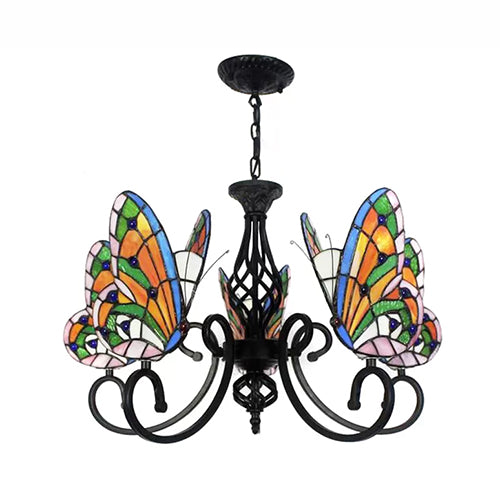 Tiffany Chandeliers for Dining Room, Butterfly Pendant Lighting Fixture with Stained Glass Shade Clearhalo 'Ceiling Lights' 'Chandeliers' 'Industrial' 'Middle Century Chandeliers' 'Tiffany Chandeliers' 'Tiffany close to ceiling' 'Tiffany' Lighting' 10342