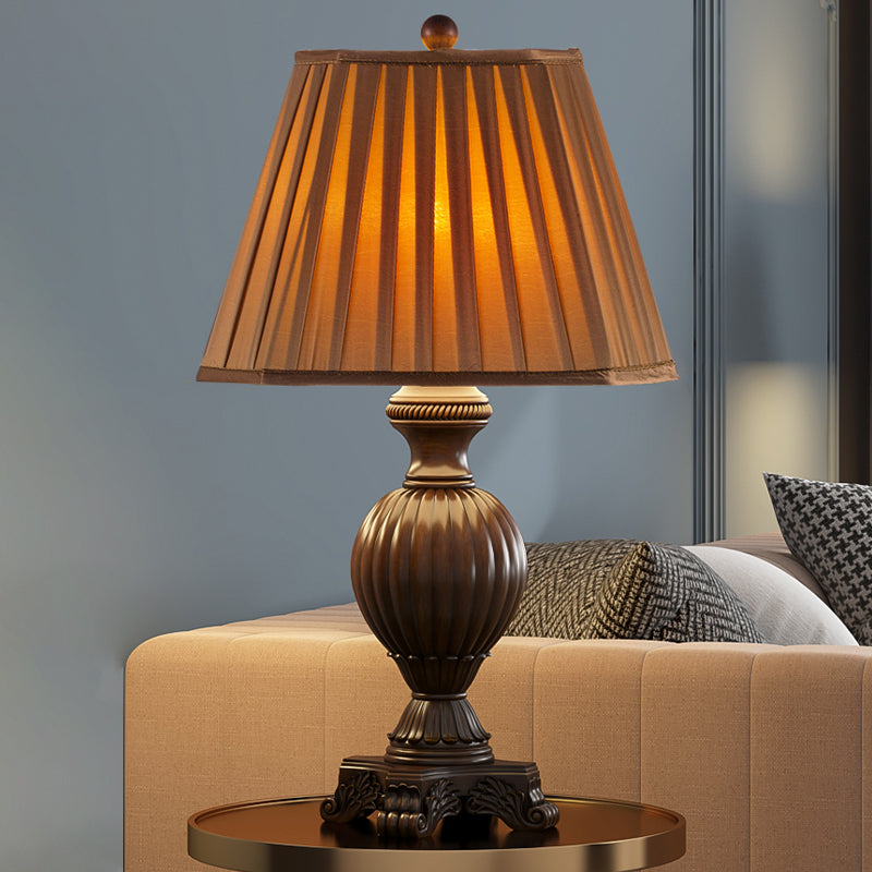 Tapered Dining Room Table Lamp Rural Gathered Fabric 1 Head Brown Night Light, 13"/15" Wide Brown Clearhalo 'Lamps' 'Table Lamps' Lighting' 1034225