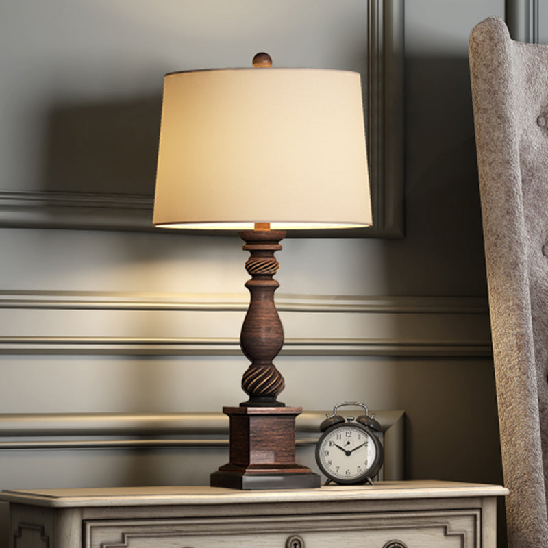 Fabric Drum Shade Night Lamp Rural 1 Bulb Bedside Table Stand Light in Red Brown, 12"/14" Wide Red Brown Clearhalo 'Lamps' 'Table Lamps' Lighting' 1034230