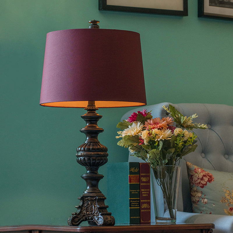 Rose Red Drum Nightstand Light Traditional Fabric 12"/15" Wide Single-Bulb Living Room Table Lamp Rose Red Clearhalo 'Lamps' 'Table Lamps' Lighting' 1034235