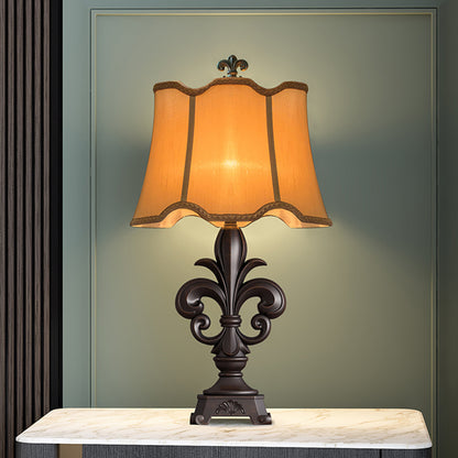 Scalloped-Trim Fabric Table Lighting Countryside 1-Light 12"/16" Wide Bedroom Night Stand Lamp in Beige Beige Clearhalo 'Lamps' 'Table Lamps' Lighting' 1034240