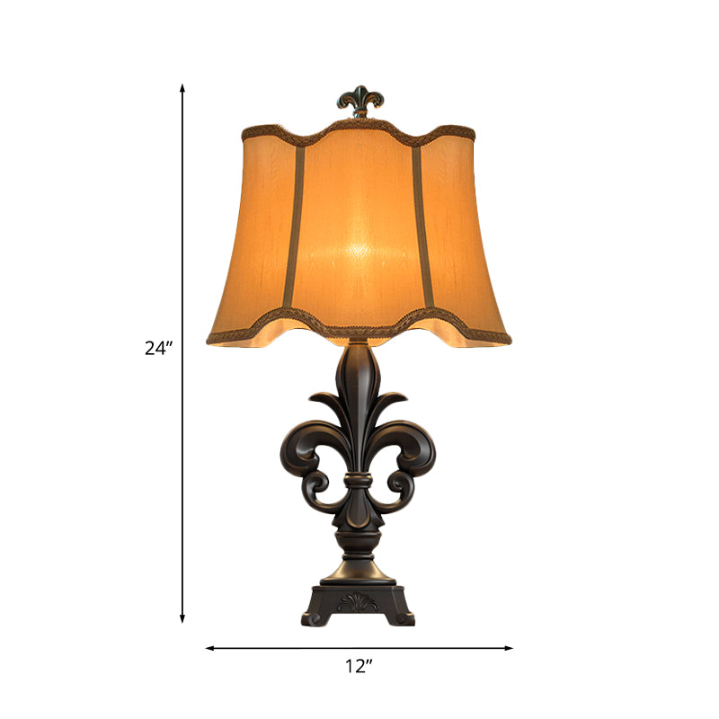 Scalloped-Trim Fabric Table Lighting Countryside 1-Light 12"/16" Wide Bedroom Night Stand Lamp in Beige Clearhalo 'Lamps' 'Table Lamps' Lighting' 1034243