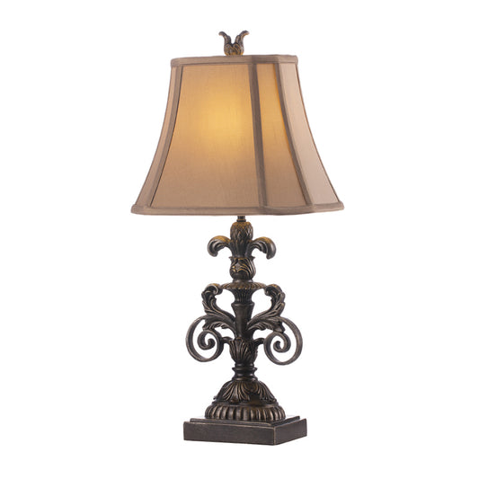 1-Light Pagoda Night Stand Lamp Retro Khaki Fabric Table Lighting with Carved Fleur De Lis Pedestal Clearhalo 'Lamps' 'Table Lamps' Lighting' 1034247