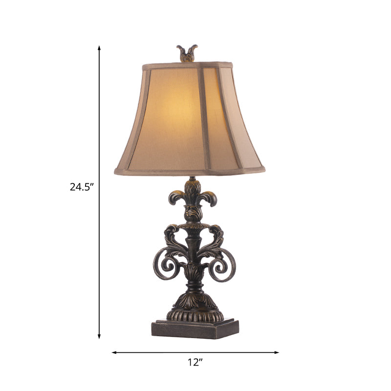 1-Light Pagoda Night Stand Lamp Retro Khaki Fabric Table Lighting with Carved Fleur De Lis Pedestal Clearhalo 'Lamps' 'Table Lamps' Lighting' 1034248