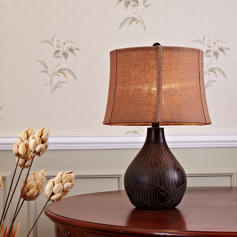 Resin Teardrop Table Light Rustic 1 Bulb Family Room Nightstand Lamp with Flaxen Drum Fabric Shade, 12"/15" Wide Flaxen Clearhalo 'Lamps' 'Table Lamps' Lighting' 1034249